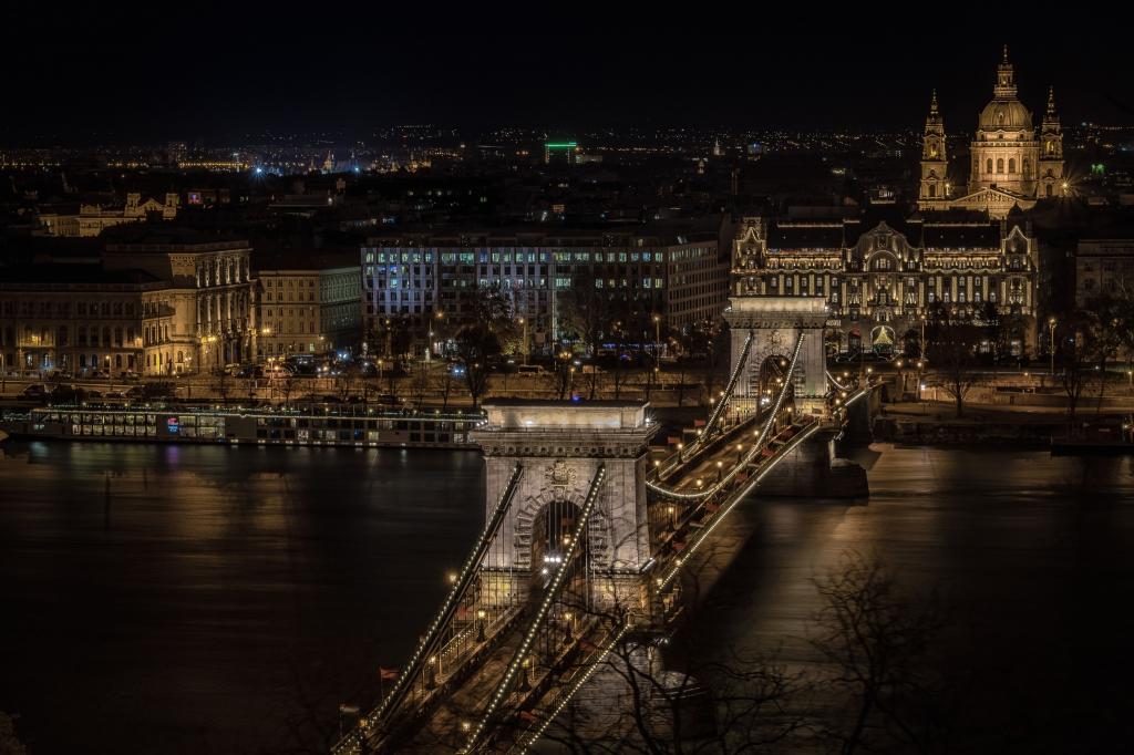链桥,全景,灯光,匈牙利,晚上,布达佩斯,多瑙河,河流