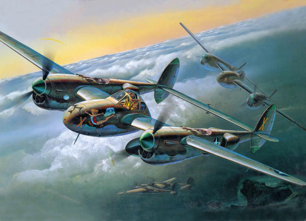 WW2。,P-38J,轰炸机,闪电,艺术,飞机,战斗机