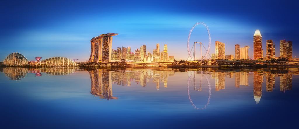 连城,摩天大楼,建筑,蓝色,灯,海,灯,喷泉,晚上,新加坡,景观
