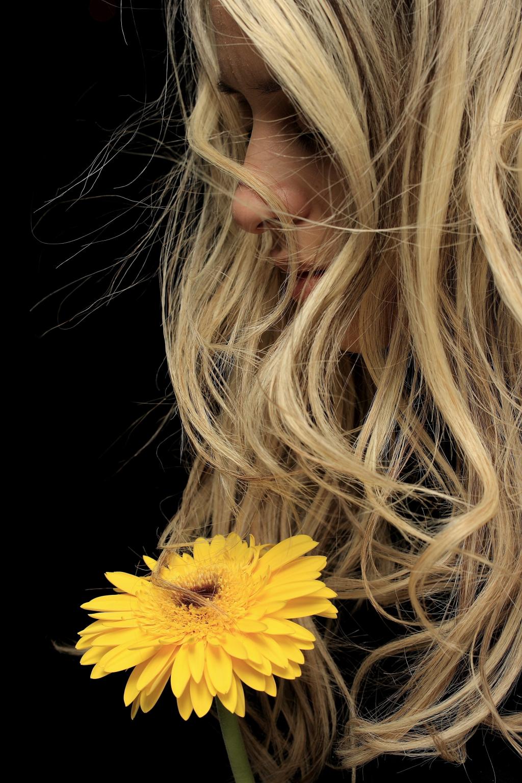 向日葵与黑色背景高清壁纸前的金色卷发的女人