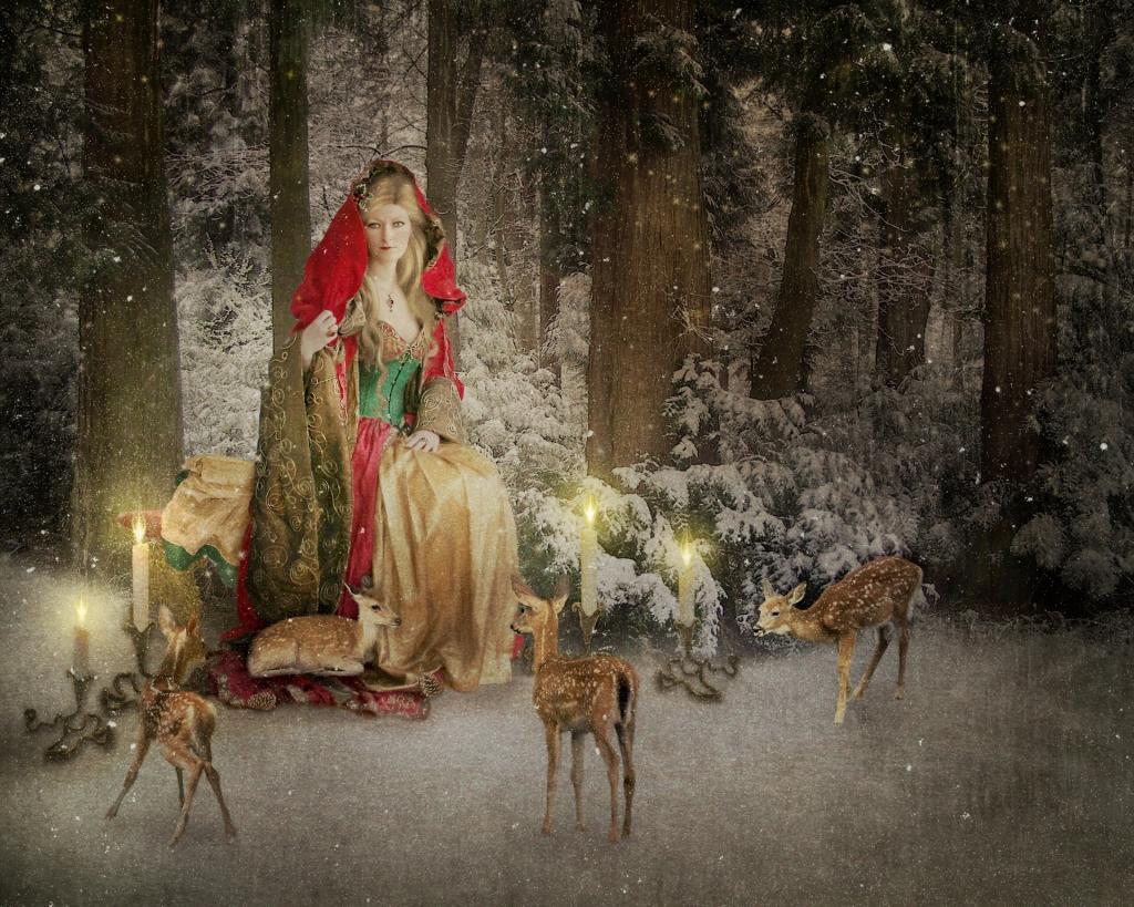 圣诞贺卡,克劳斯太太,蜡烛,雪,冬天,鹿,森林
