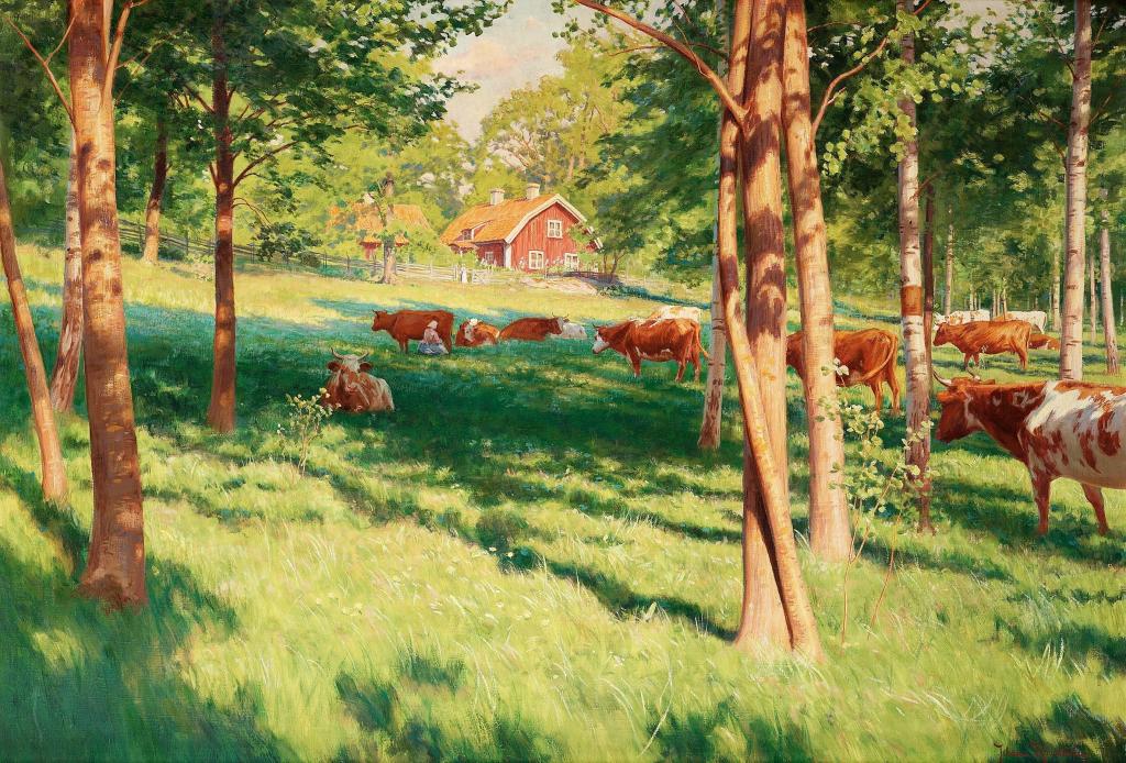 图片,约翰Krouthen,牧场,树木,围栏,村庄,房子,草地,夏天,景观,森林,奶牛
