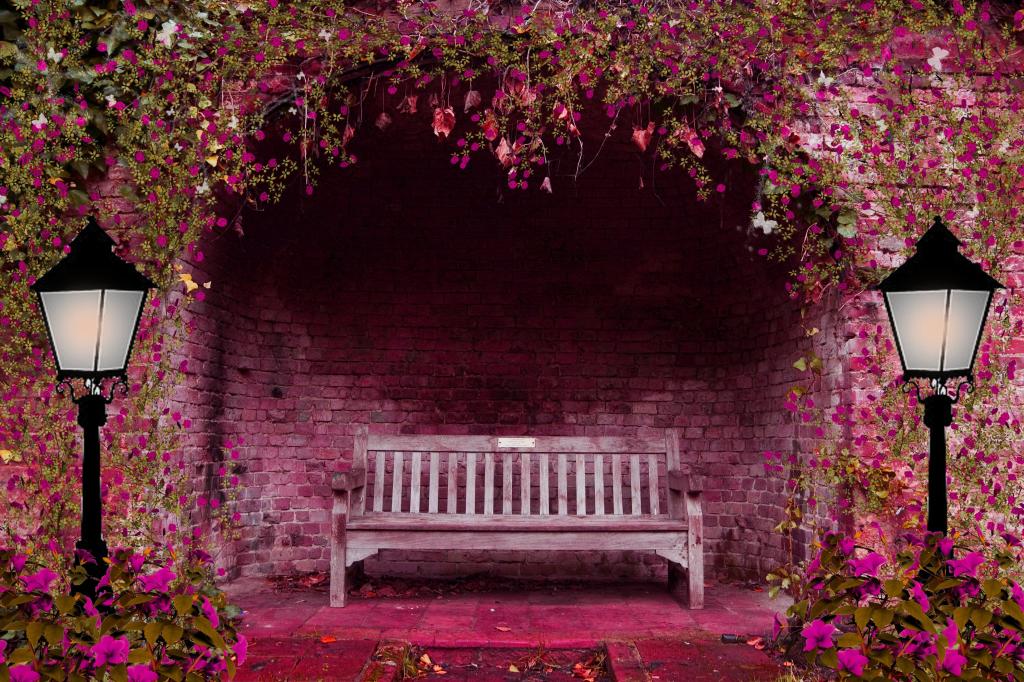 壁纸春天的花园,花,长凳,灯,拱,粉红色