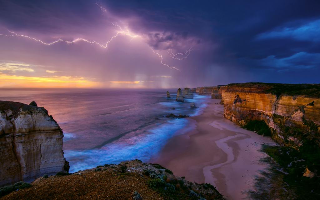 风暴,闪电,岸,海,风暴,澳大利亚,天空,岩石
