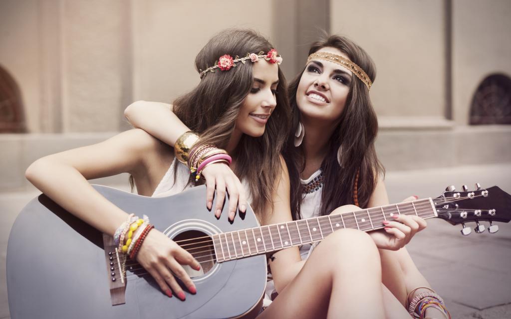 友谊,吉他,女朋友,微笑,女孩