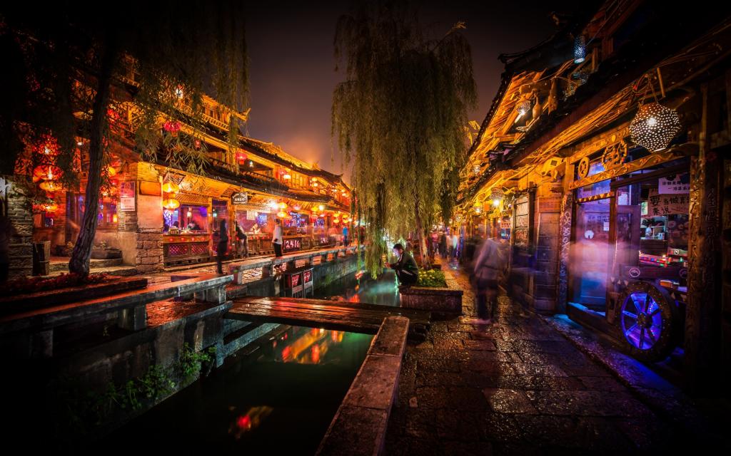 黑暗,市场,运河,丽江,中国夜景
