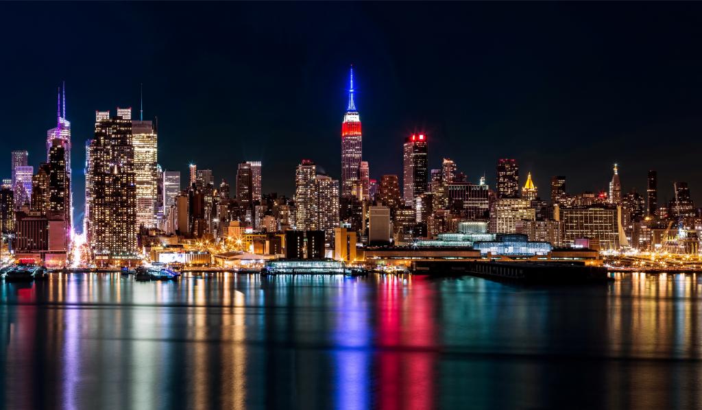 曼哈顿,纽约,摩天大楼,城市,灯光,晚上,布鲁克林,美国