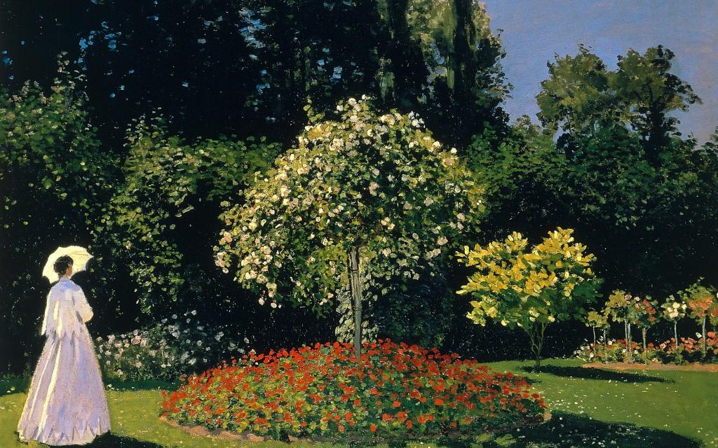 克劳德·莫奈,图片,树木,雨伞,Jeanne-Marguerite花园里的花冠,花园里的女士,花坛,...