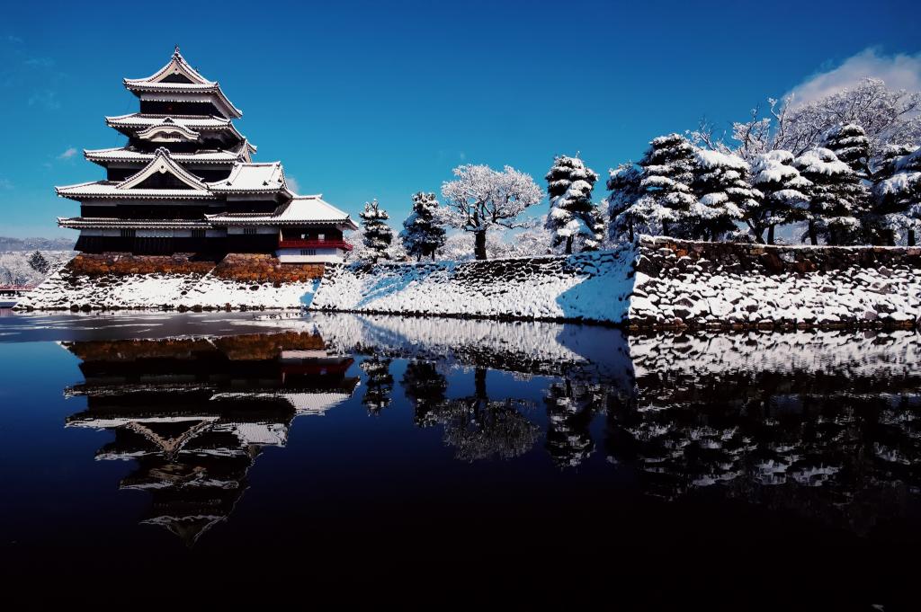 雪,反射,冬季,日本,水,长野县,长野市,松本城,乌鸦城,...