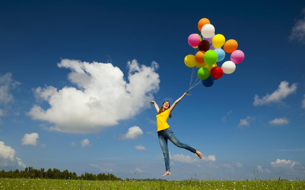 球,气球,草,飞行,女孩,喜悦,天空,幸福,云,飙升