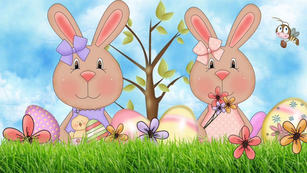 复活节兔子,艺术,蜜蜂,复活节,树,鸡,兔子,蛋,弓,花