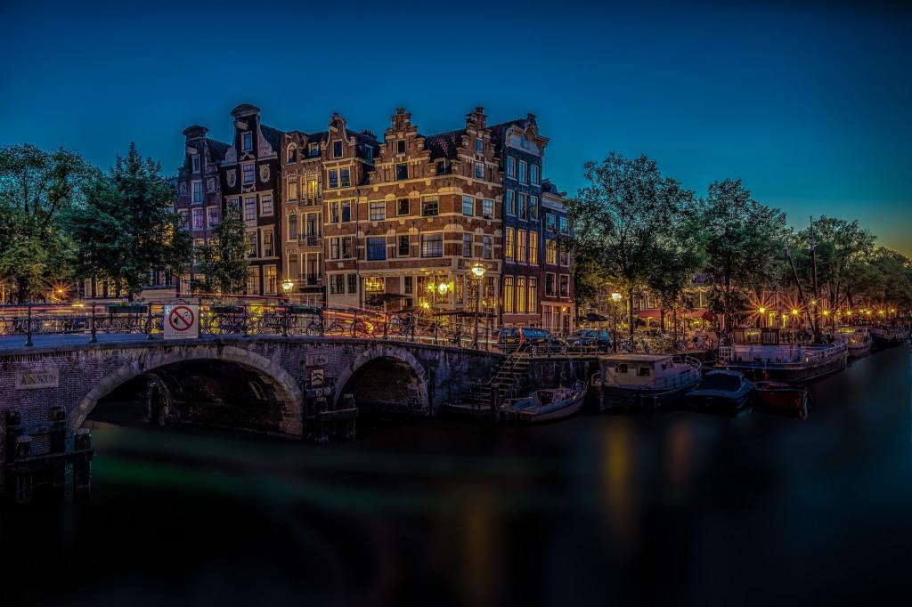 桥,阿姆斯特丹,夜晚的城市,荷兰,阿姆斯特丹,通道,荷兰,酿酒运河,酿酒运河,Brouwersgracht,建设