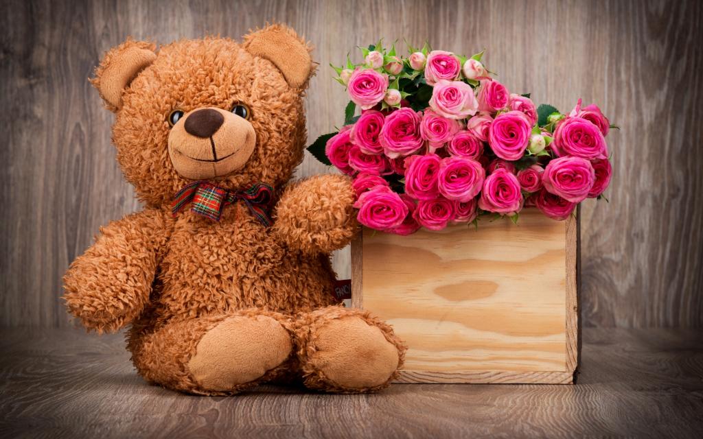 鲜花,花束,泰迪,玫瑰,浪漫,粉红色,熊,篮子,玫瑰,与爱,篮子,熊