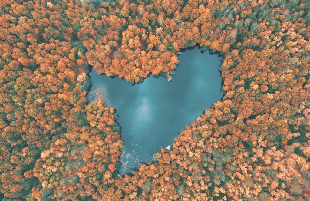 秋日里的爱心湖泊图片