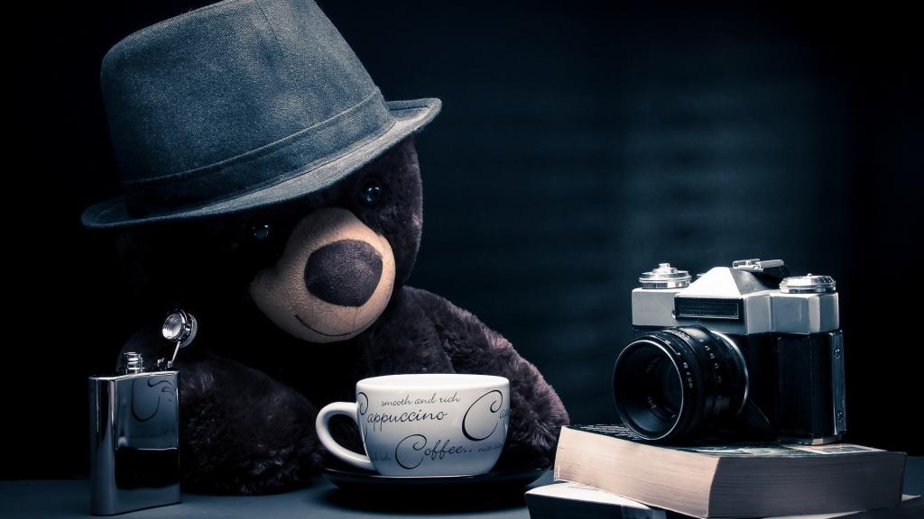 卡布奇诺,周到,熊,摄影师,表,泰迪熊,幻想,怀旧,位置,帽子,咖啡,怀旧,记者,蓝色...