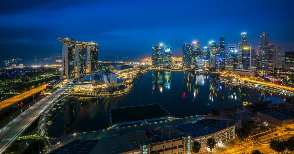 摩天大楼,megapolis,建筑,蓝色,灯,灯,喷泉,晚上,新加坡
