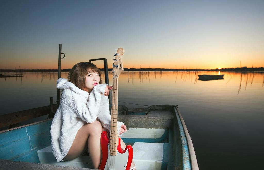 吉他,船,女孩,音乐,日落