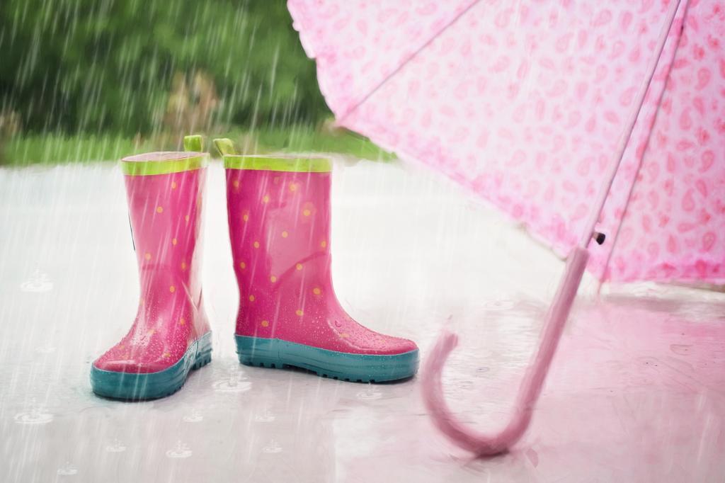 粉红色的雨伞旁边的粉红色和蓝色的雨靴高清壁纸