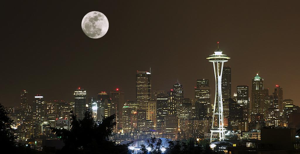 风景照片城市摩天大楼在夜间,西雅图高清壁纸