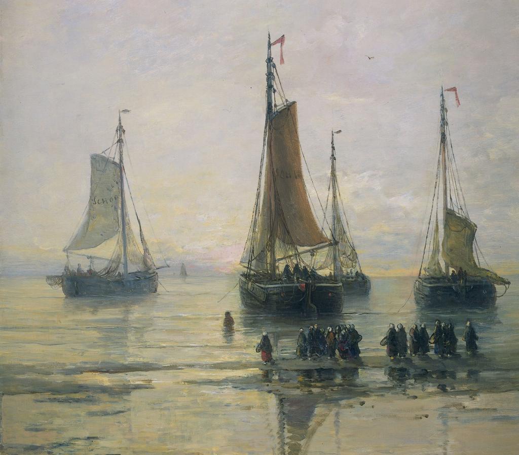 帆,海景,人们,Scheveningse渔船在锚,亨德里克威廉Mesdag,船,石油,船,帆布,...