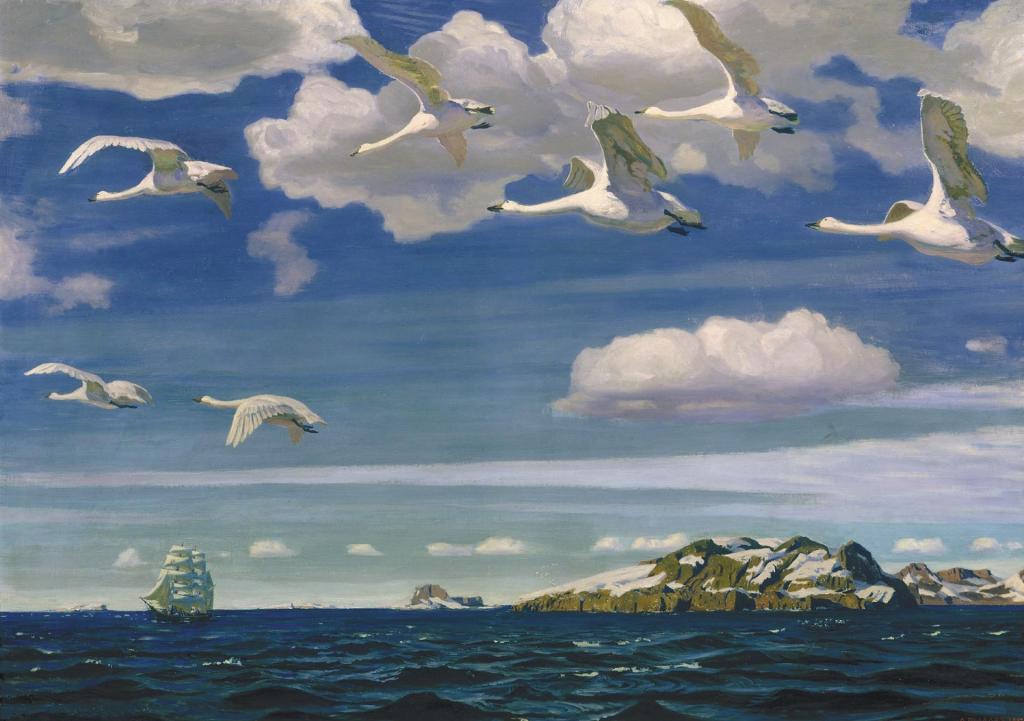 帆布,船舶,石油,海,鸟,岩石,阿尔卡季Rylov,在蓝色的空间,景观,帆