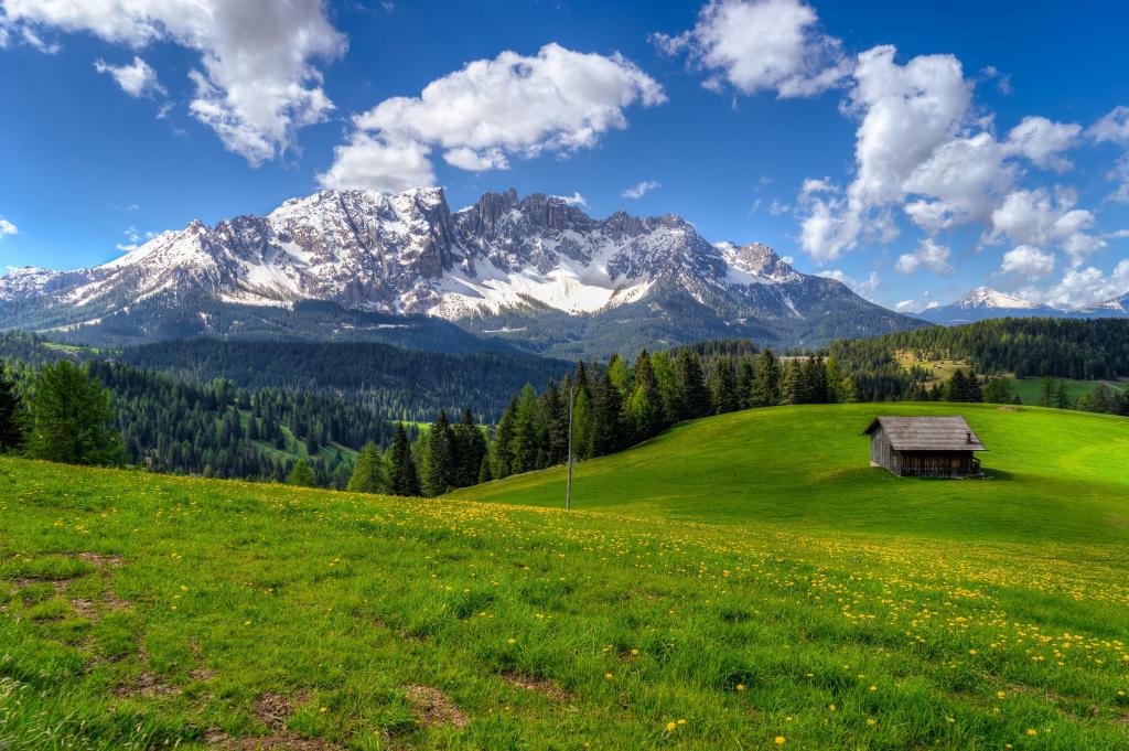 在白天,意大利,latemar高清壁纸绿草与白雪覆盖的房子的风景摄影