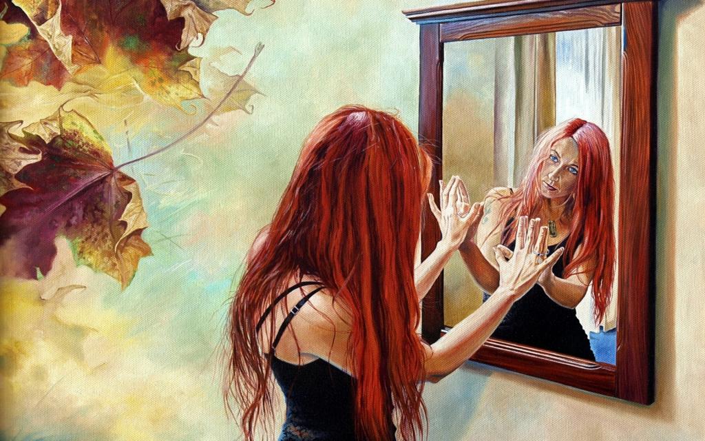 镜子,女孩,弗拉基米尔Kuklinski,反射,叶子