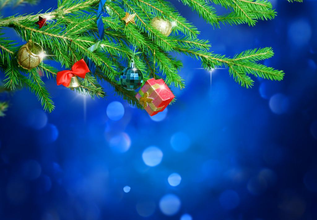 贝尔,礼物,框,树,分支机构,圣诞装饰品,球