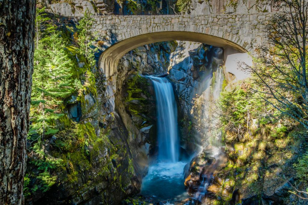 桥,瀑布,树,克里斯蒂娜瀑布,灌木丛,华盛顿,流,雷尼尔山国家公园,石头,美国