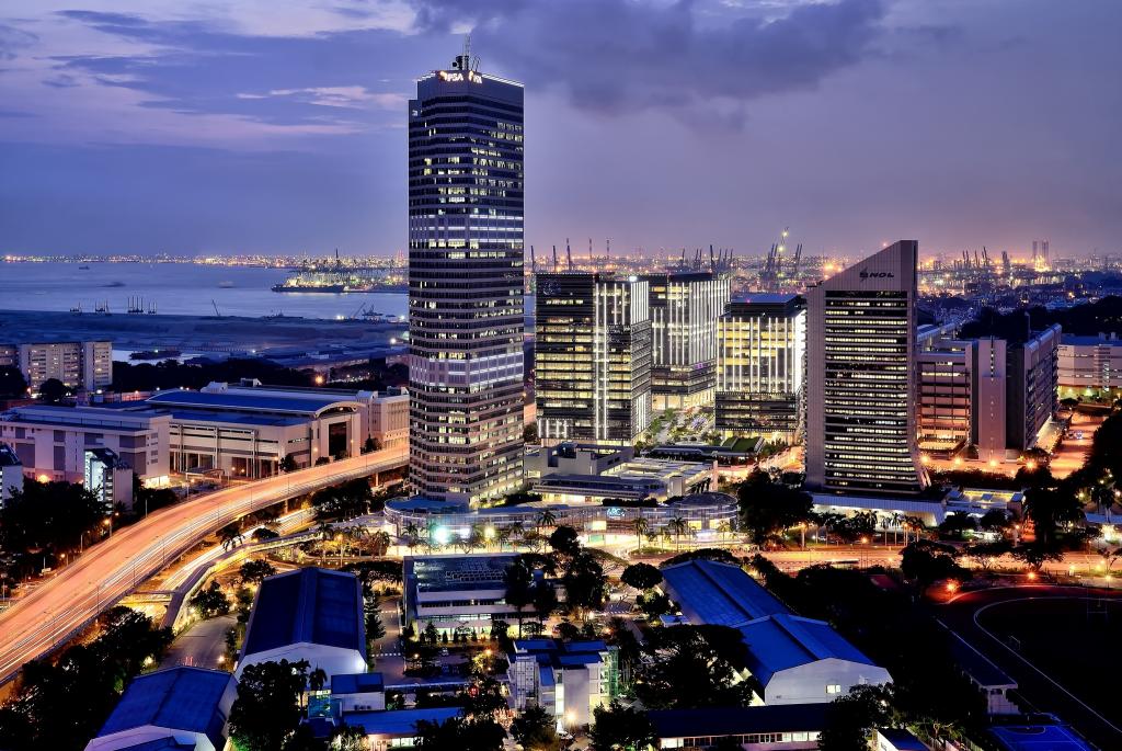 灯,新加坡,港口,城市,日落之后