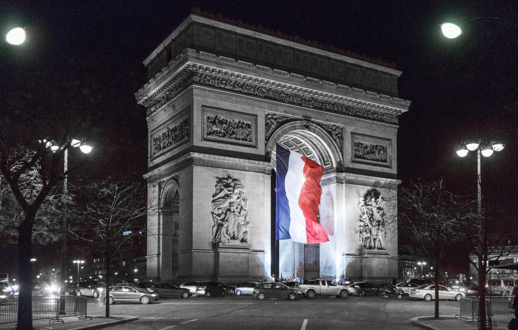 国旗,灯,晚上,法国,巴黎,拱门