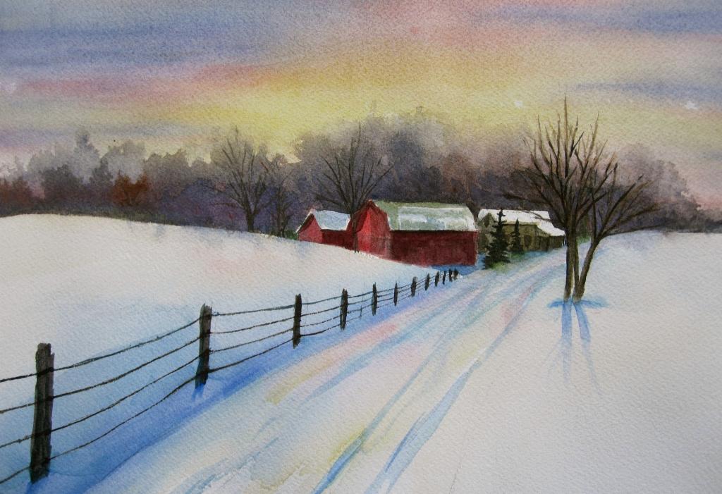 图片,雪,冬天,家,树,篱笆,水彩,天空,景观