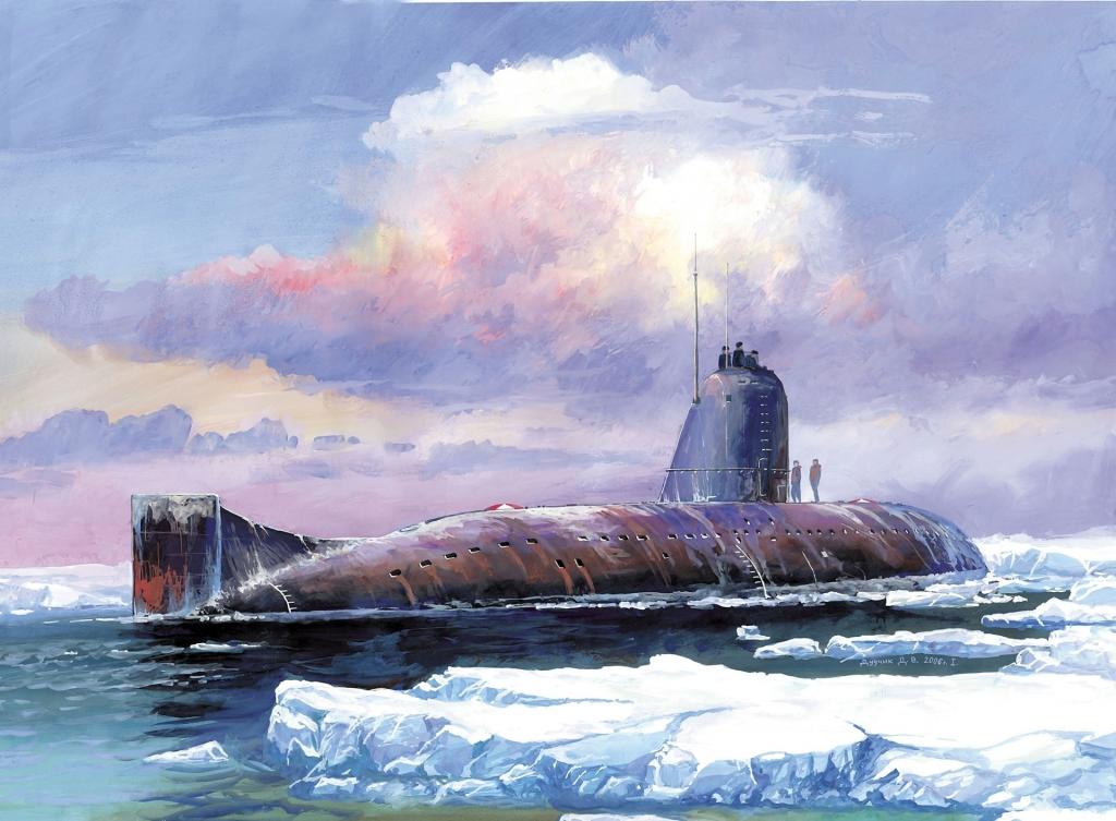 潜艇,船,艺术,冰,水下,水,K-3,列宁,共青团,云,天空,