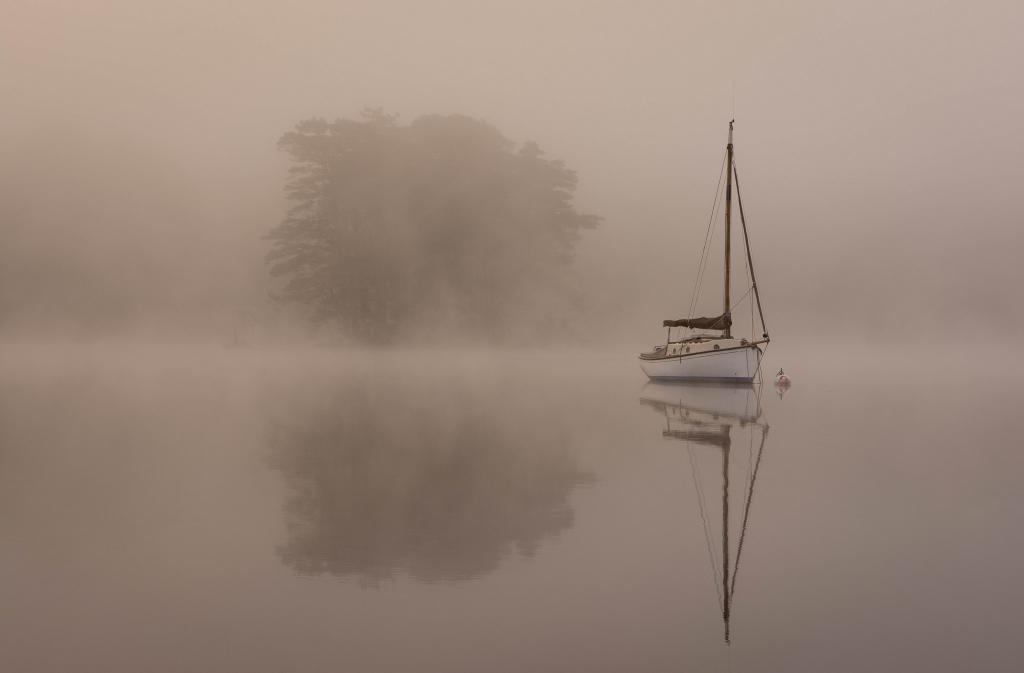 雾,早上,湖,小船,游艇