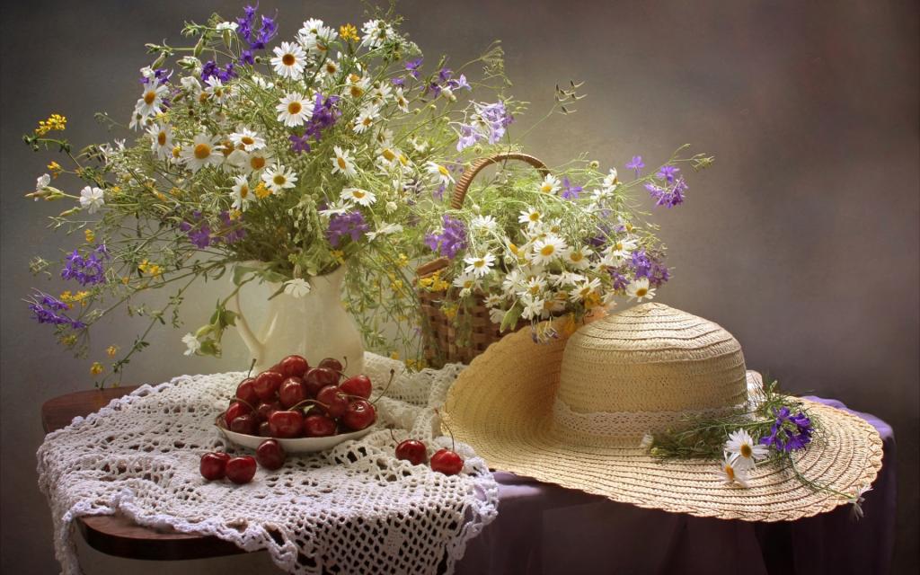 壁纸帽子,静物,洋甘菊,花束,夏天,樱桃