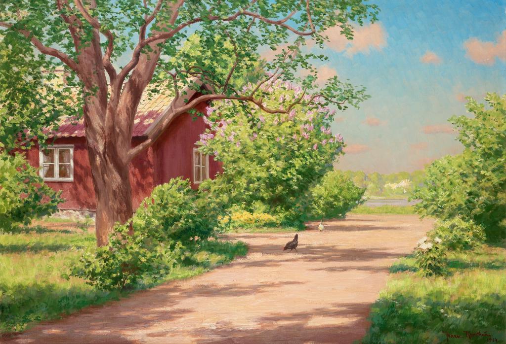图片,Johan Krouthen,鸡,树,灌木丛,平房,村庄,房子,夏天,河,轨道,风景