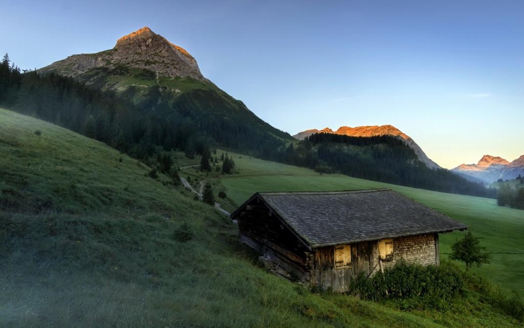 蒂罗尔,山,房子,奥地利,自然日出