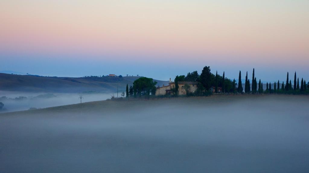 早上,意大利,雾,树木,托斯卡纳,房子,小山,天空