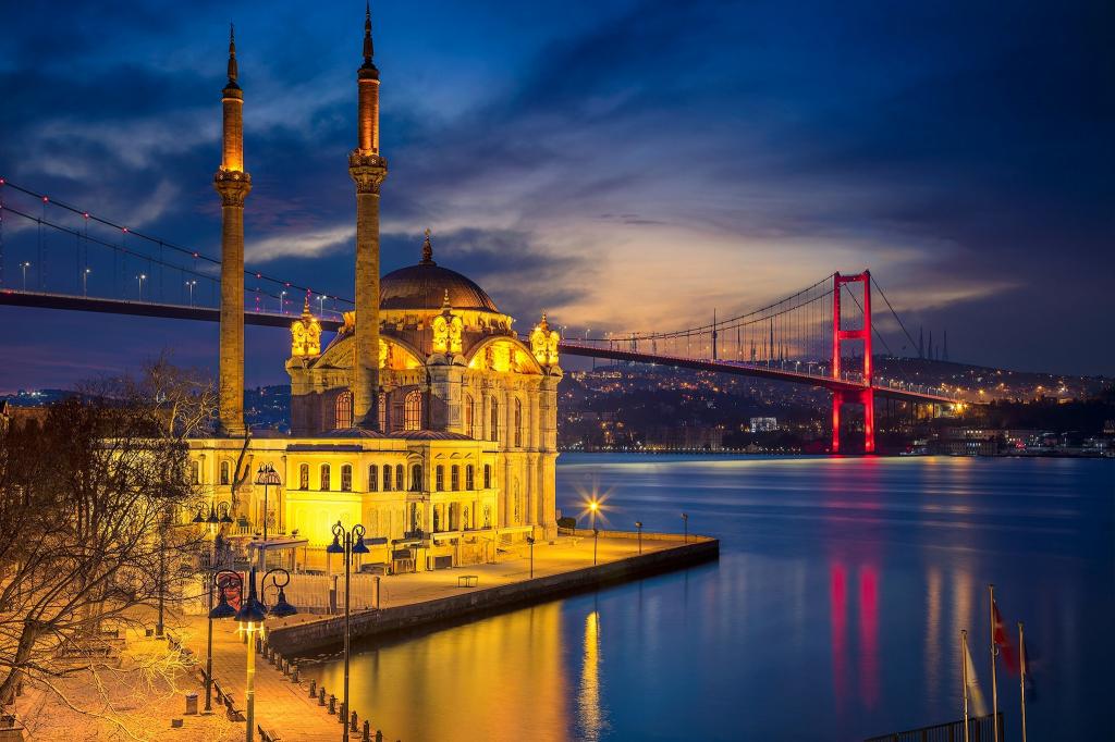 土耳其,晚上,伊斯坦布尔,灯,海峡,清真寺,桥,尖塔