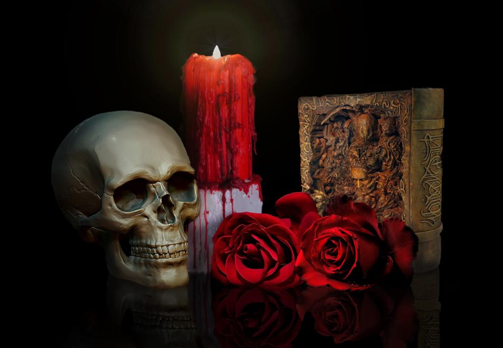 蜡烛,玫瑰,书,头骨