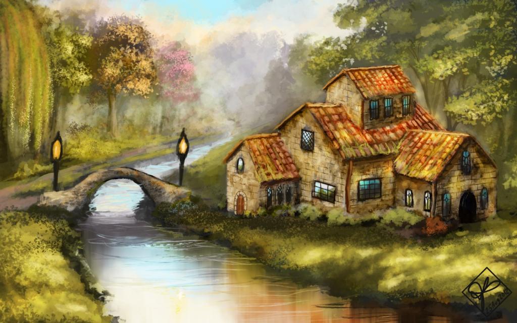 桥,艺术,树,房子,IVA,灯,河,森林