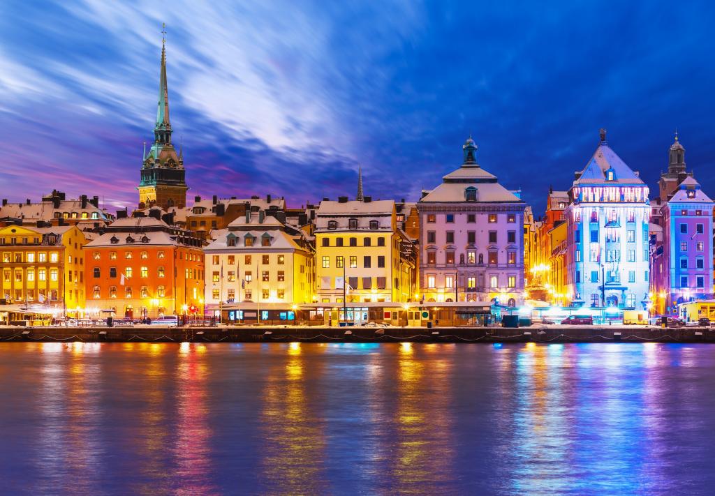 斯德哥尔摩,瑞典,海滨长廊,斯德哥尔摩,瑞典,夜晚的城市,建设