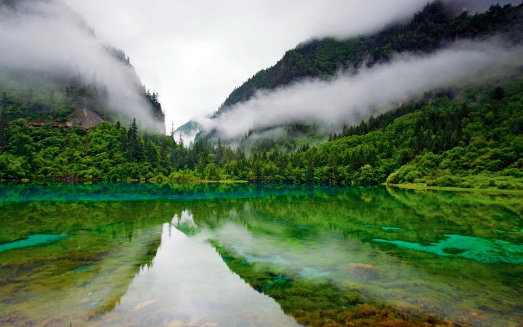 绿色,山,池,湖,镜子,反射,云,池,表面,表面,森林,山