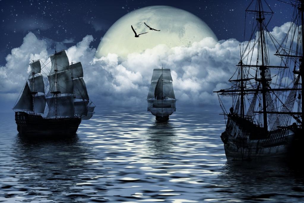 船,帆船,船,海,海,月亮,月亮,幻想,帆船,幻想