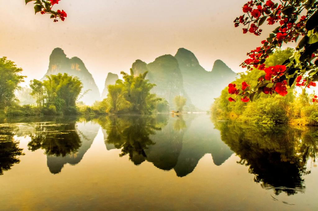 河,水,湖,中国,自然,山,反射,鲜花