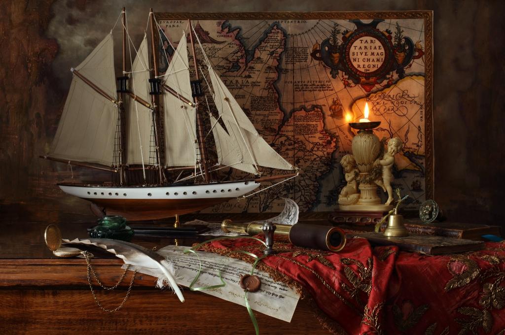 钢笔,船,安德烈莫罗佐夫,安德烈莫罗佐夫,管,蜡烛,静物,蜡,模型,地图