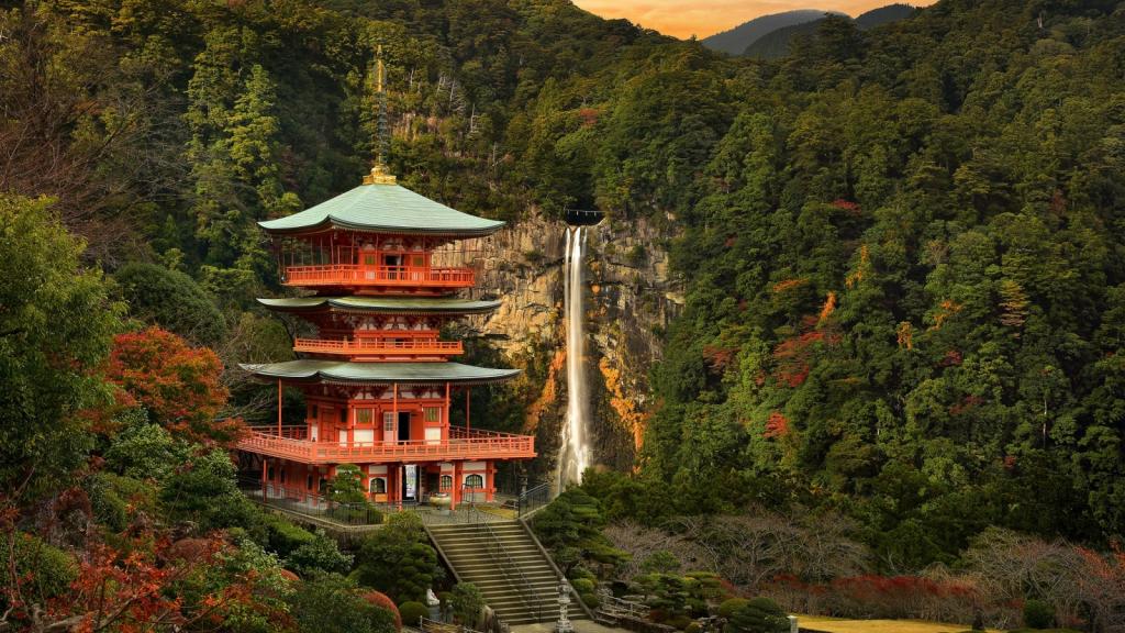 壁纸瀑布,日本,寺庙,森林,山脉