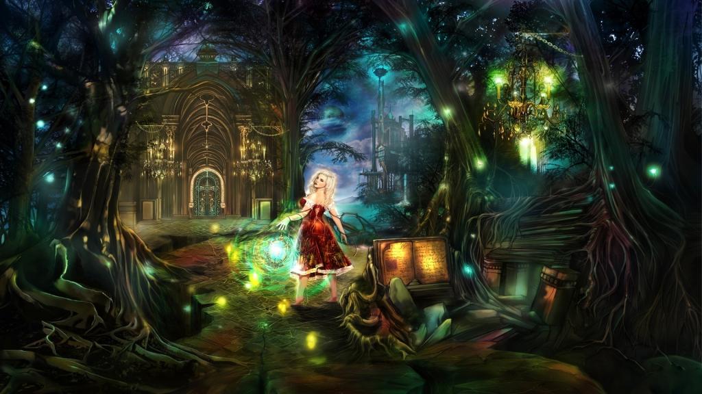 森林,魔术,女孩,灯,礼服,城堡