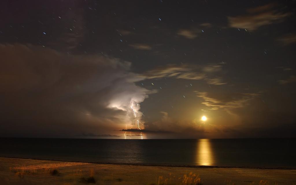 云,Antares,月亮,闪电,星星,佛罗里达州,安娜玛丽亚岛,墨西哥湾