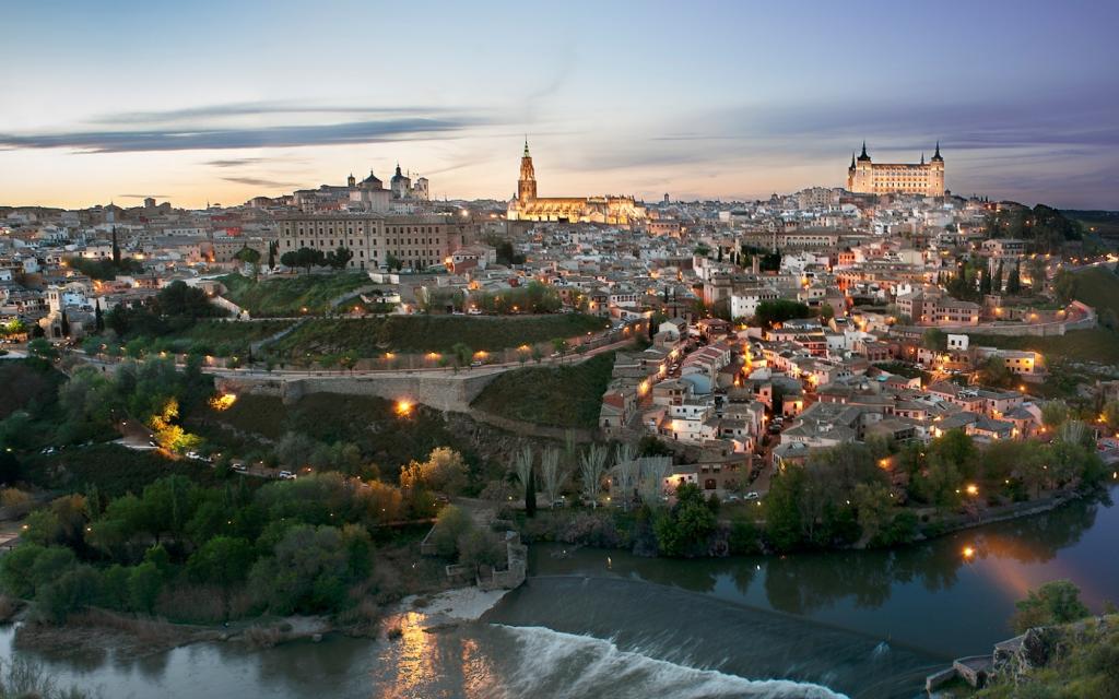 西班牙,家,城堡,灯光,晚上,托莱多,天空,河流,景观